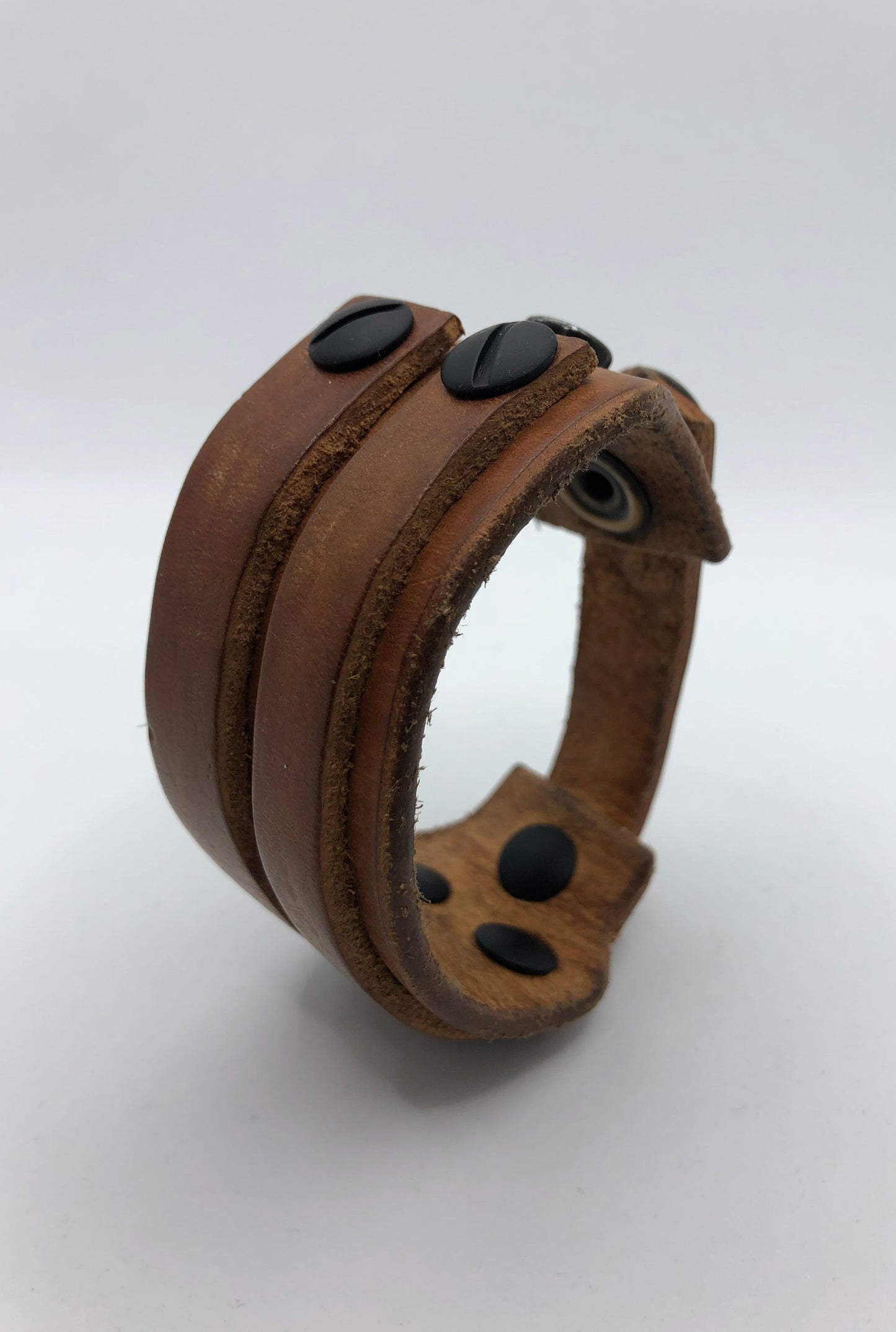 Dune - Smokey Wood Tan Leather Wristband / Bracelet with Black Screws