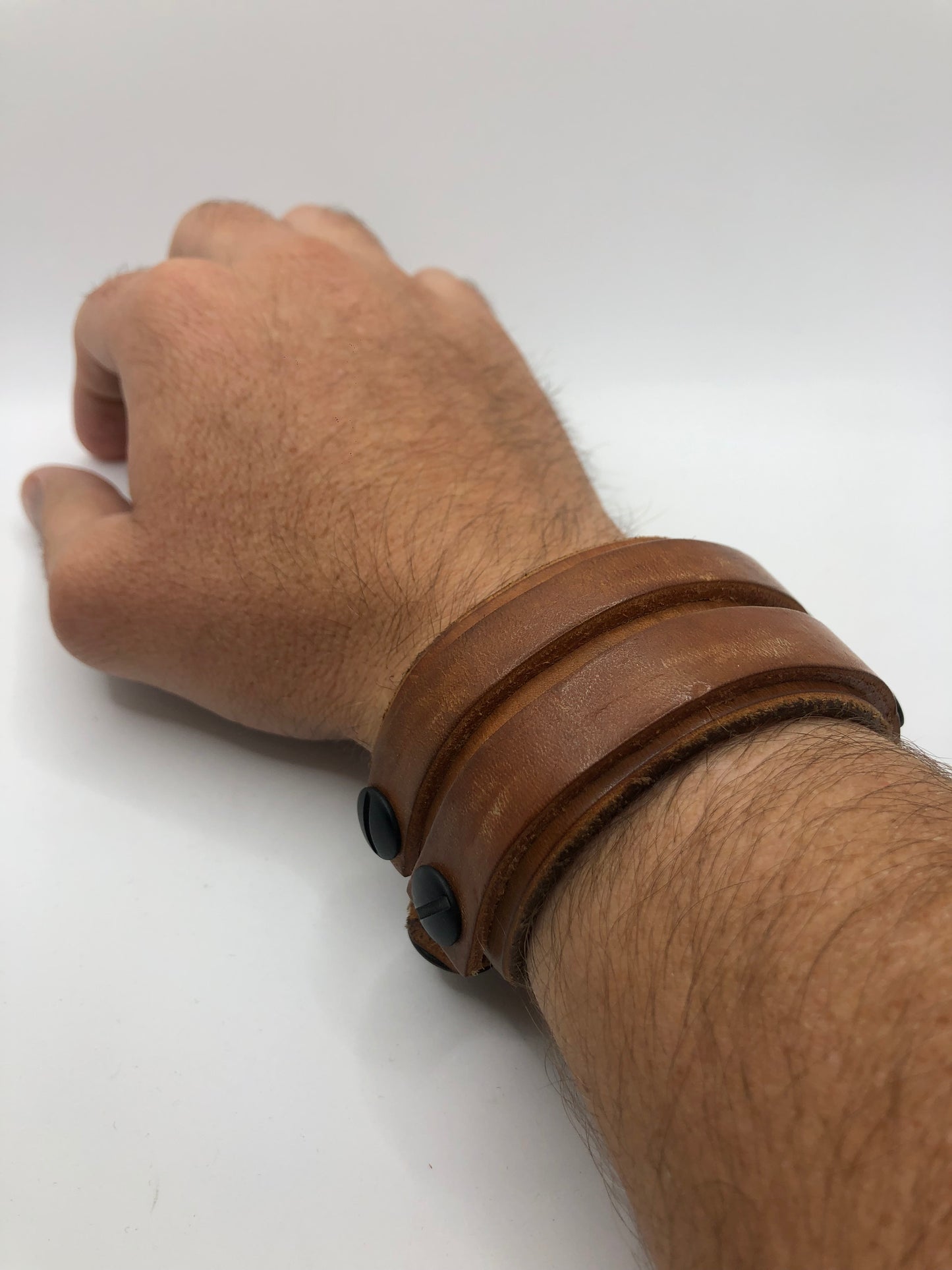 Dune - Smokey Wood Tan Leather Wristband / Bracelet with Black Screws