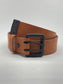 Tan Leather Belt with Black Logo-Embossed Tip