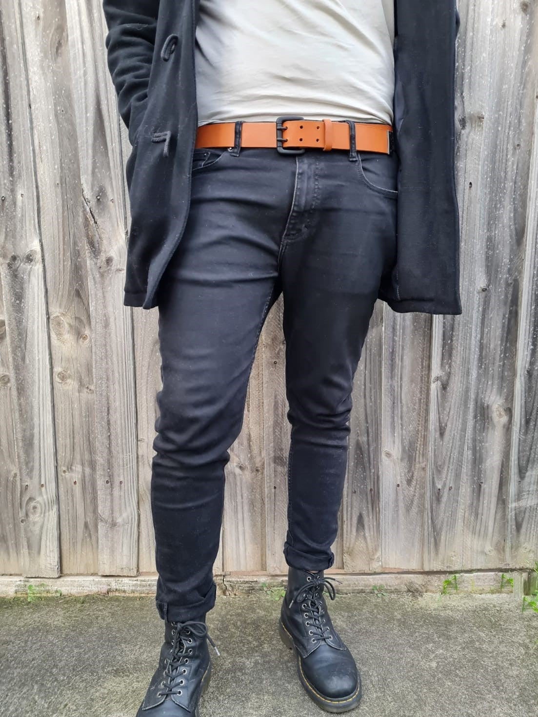 Tan Leather Belt with Black Logo-Embossed Tip