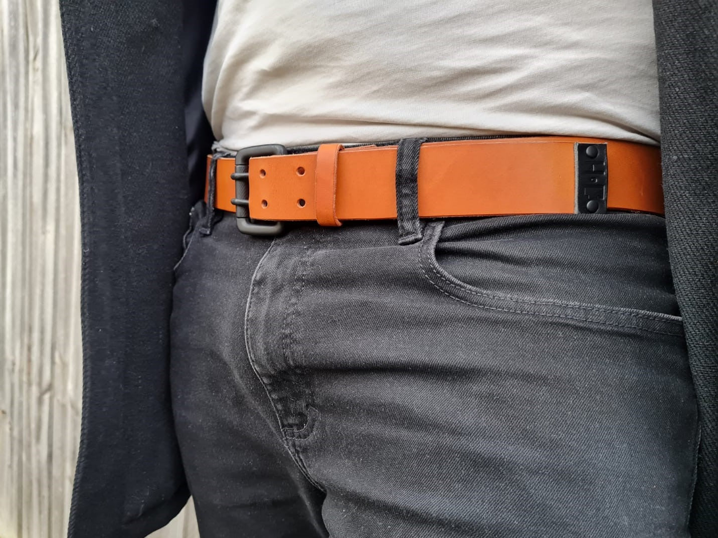 Tan Leather Belt with Black Logo-Embossed Tip
