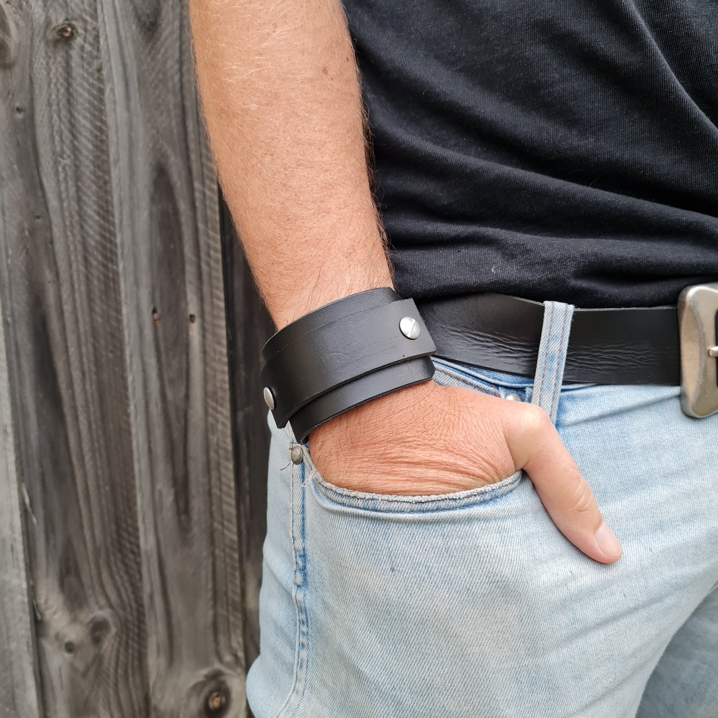 Black Single Strap Wristband / Bracelet - Extra Thick Leather