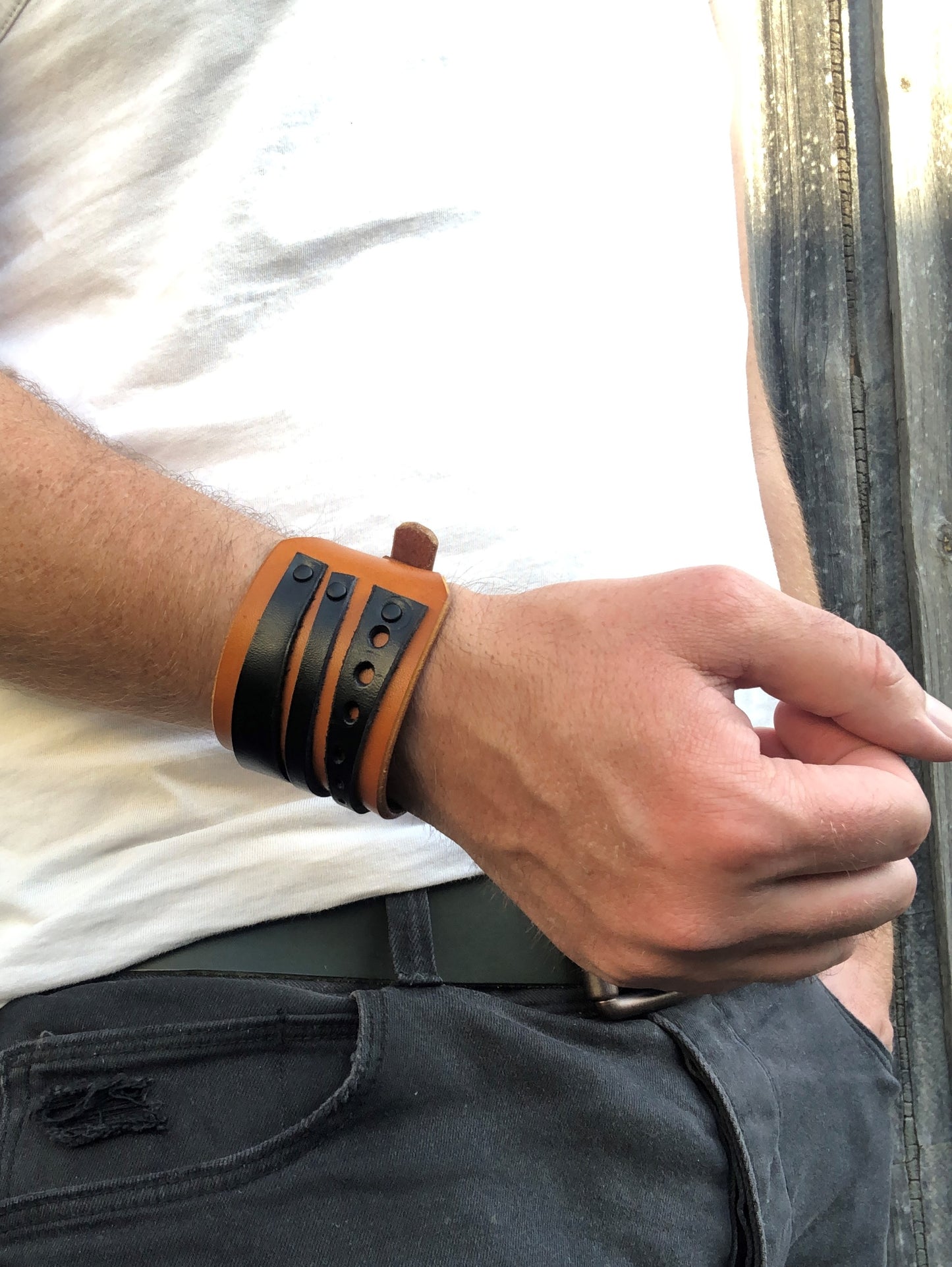 Tiger Cuff / Leather Bracelet with Adjustable Buckle