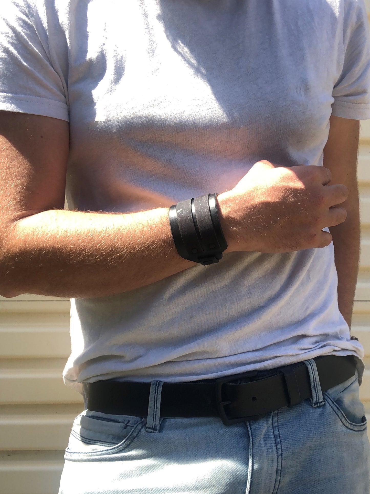 Cork Leather / Leather Hybrid Cuff Bracelet - Matt Black