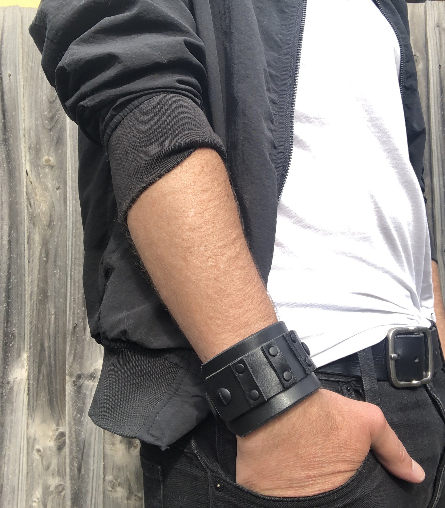 The Grid - Cyberpunk / Biker Style Black Leather Studded Cuff / Bracelet
