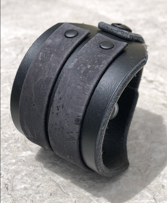 Cork Leather / Leather Hybrid Cuff Bracelet - Matt Black