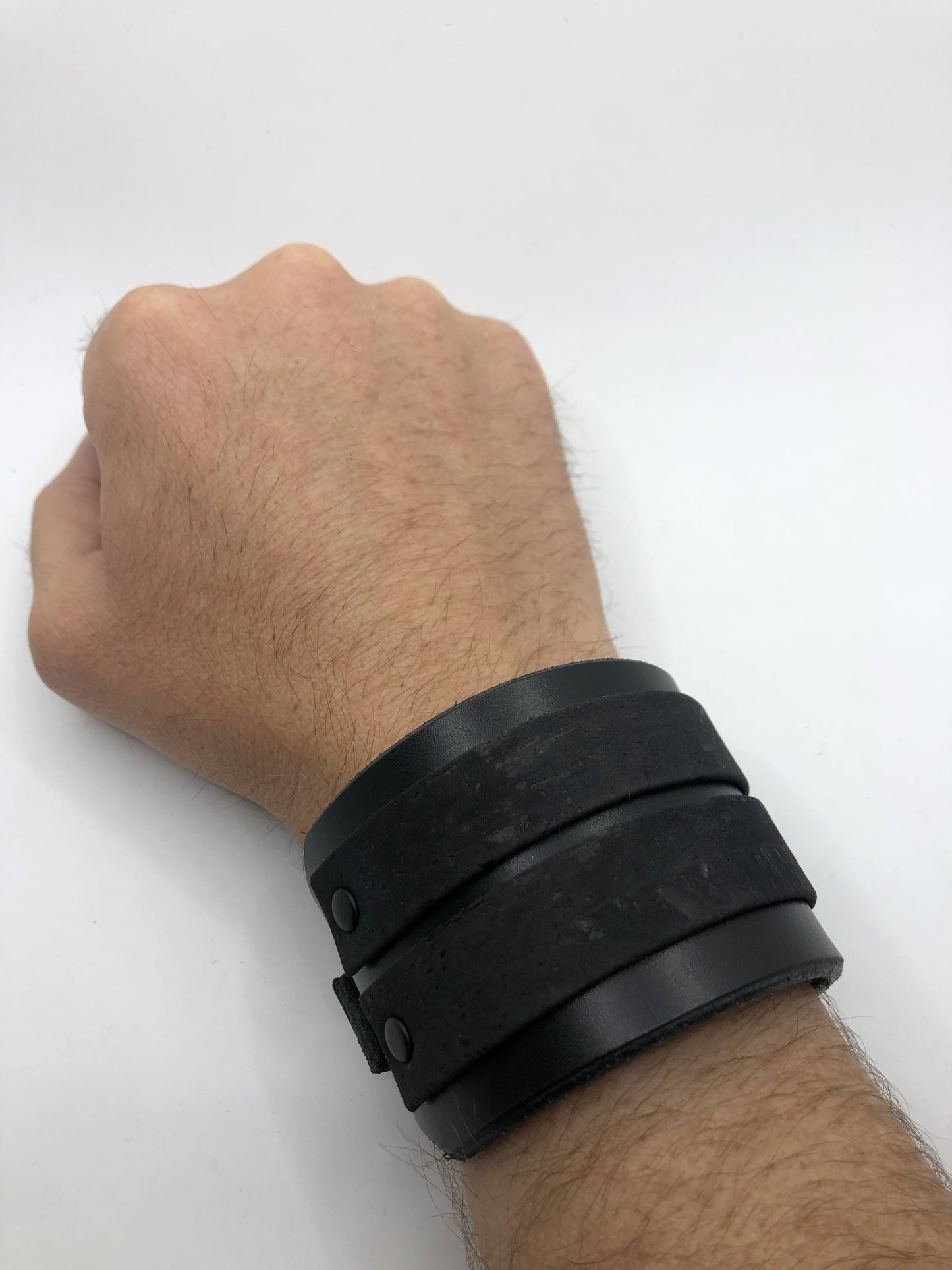 Cork Leather / Leather Hybrid Cuff Bracelet - Matt Black