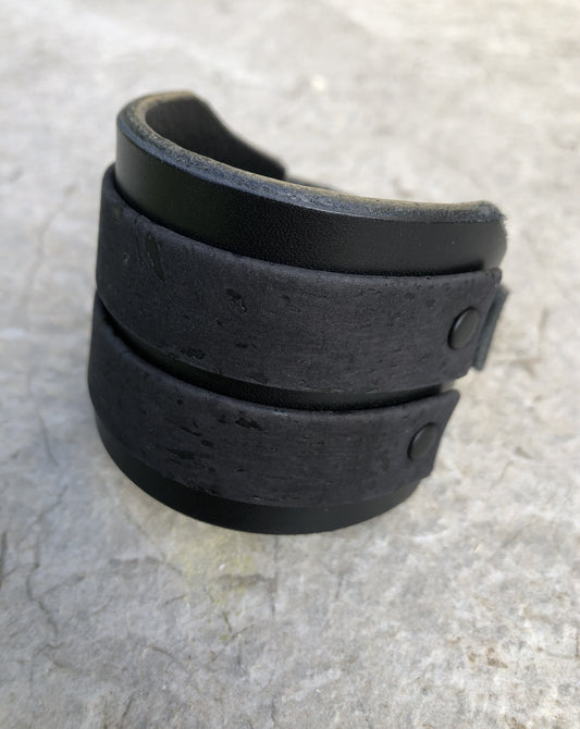 Cork Leather / Leather Hybrid Cuff Bracelet - Matt Black