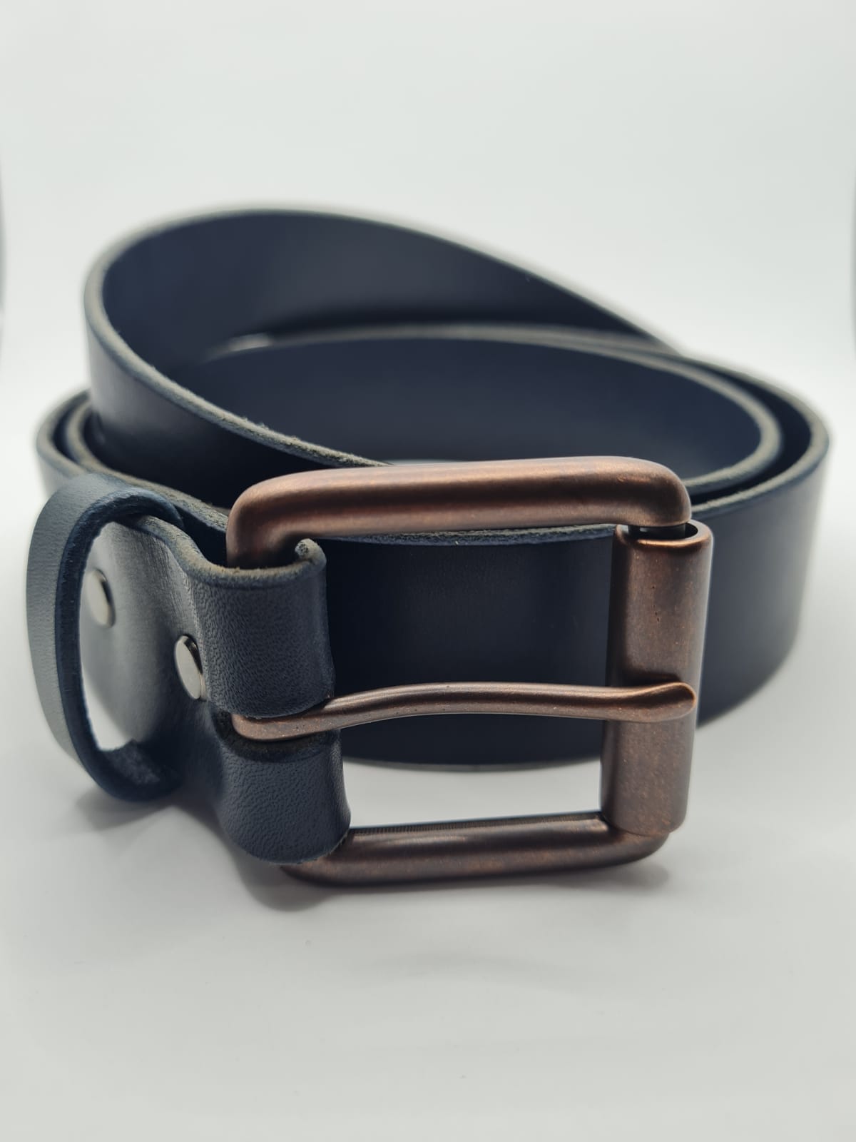 Como - Dark Blue Leather Belt with Vintage Copper Buckle