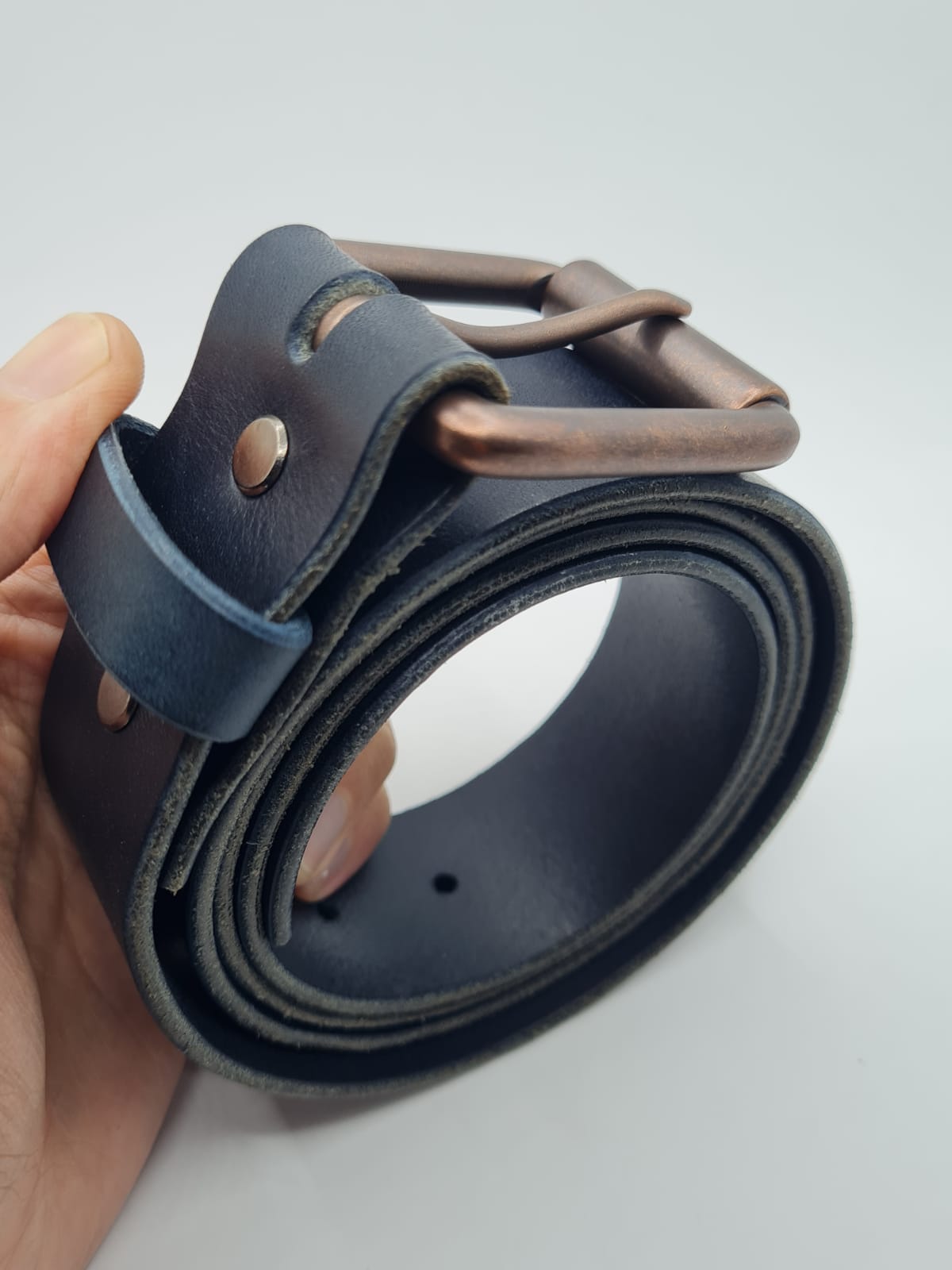 Como - Dark Blue Leather Belt with Vintage Copper Buckle