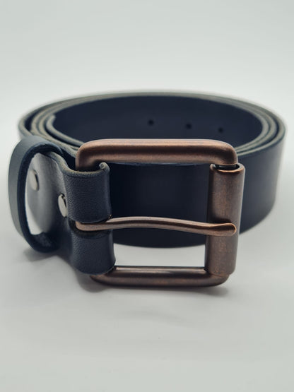 Como - Dark Blue Leather Belt with Vintage Copper Buckle